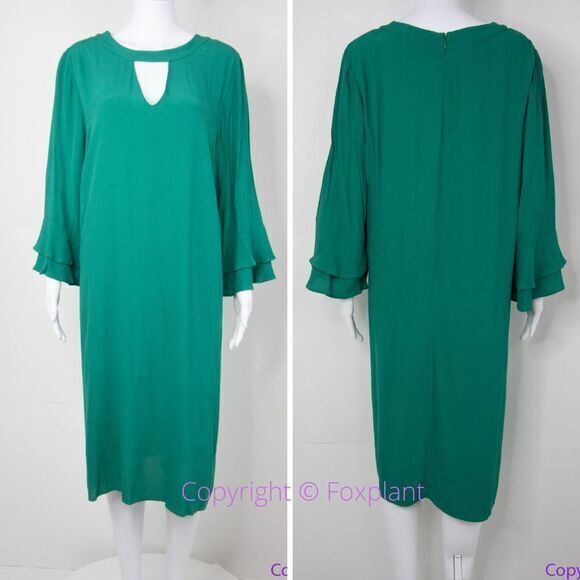 NEW Eloquii emerald green keyhole front ruffle sleeve‎ shift dress, size 18 - Picture 2 of 16